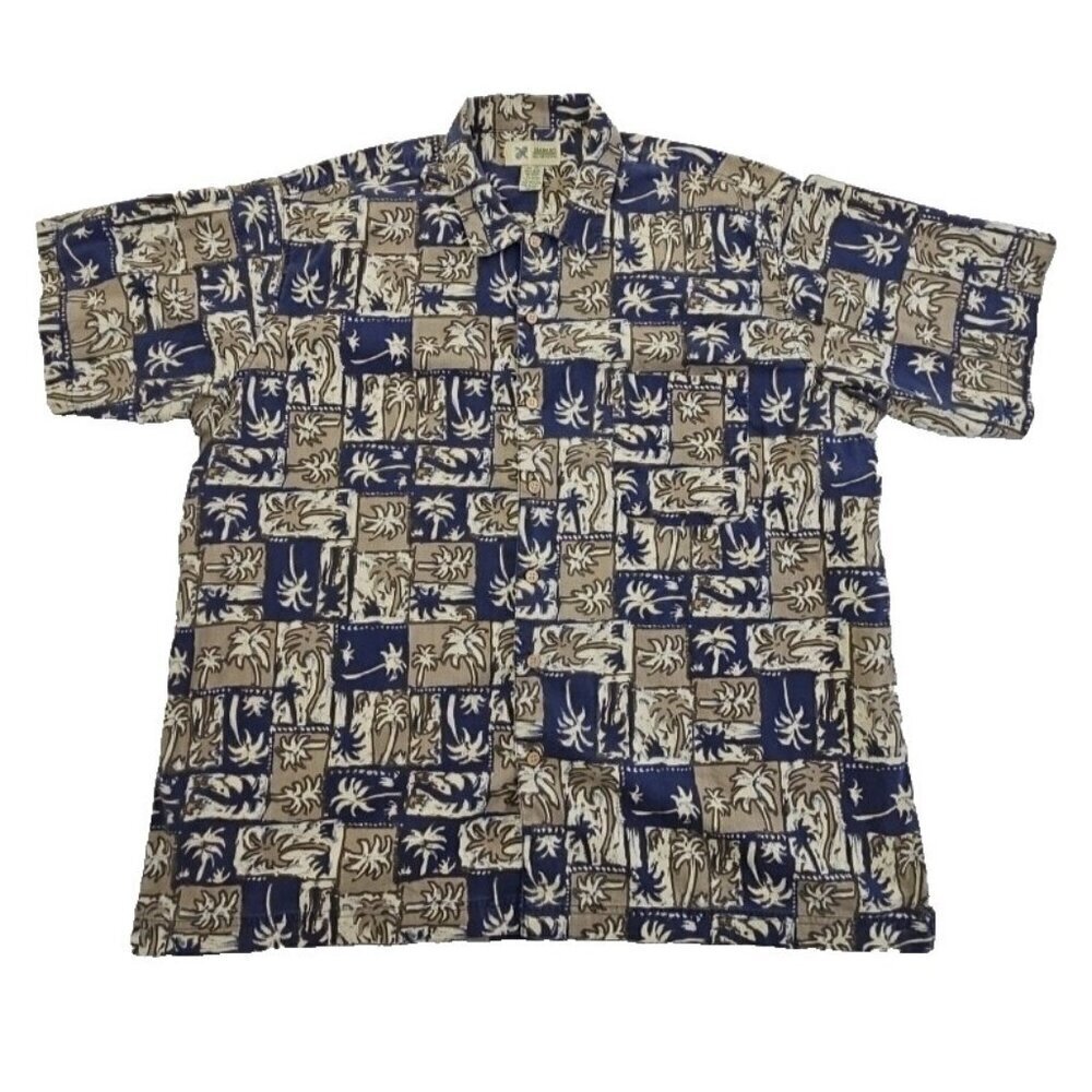 Haband‎ Hawaiian Shirt Men's XXL Button Up Navy Brown Tropical Vacationwear EUC